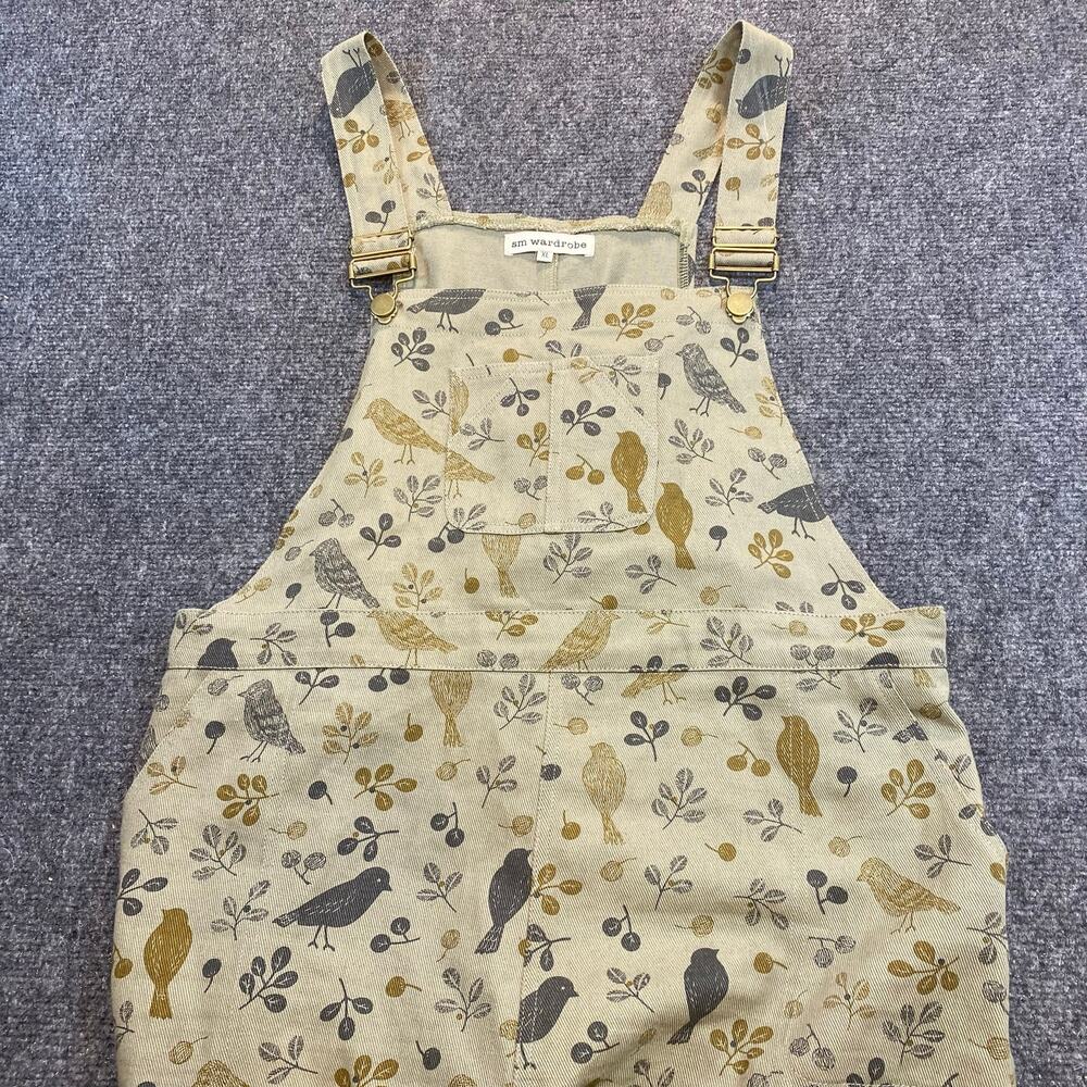 SM Wardrobe Women XL Bird Print Sage Green Cotton Overalls Wide Leg Silhouette